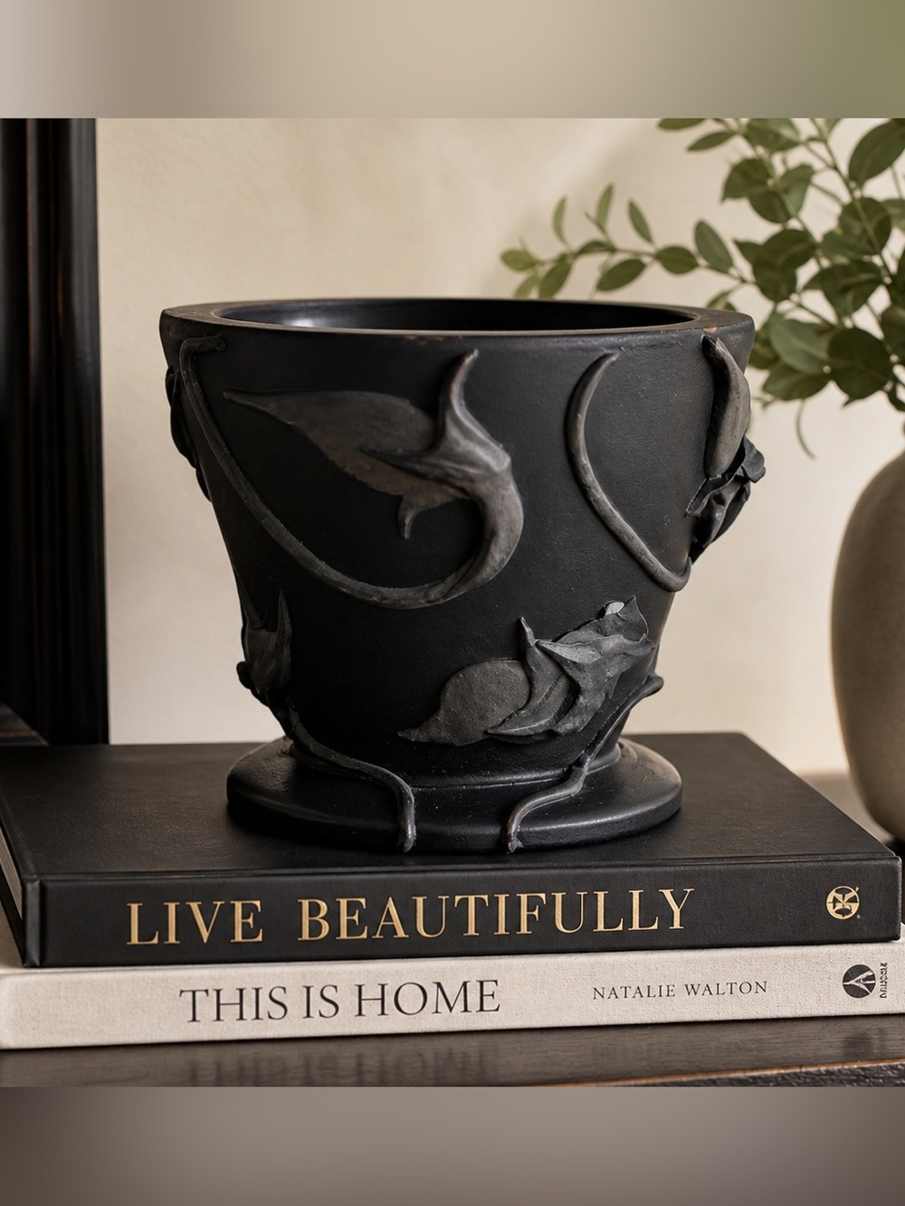 Matte Black Art Deco Style Vase w/ Raised Scroll Design Pedestal Base